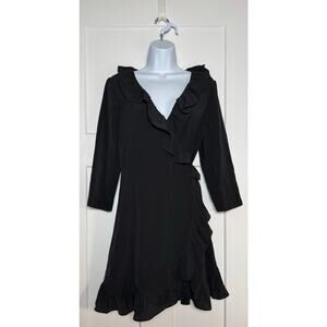 Topshop Black Mini Wrap Dress Ruffles Size 12 Long Sleeve Tie Waist